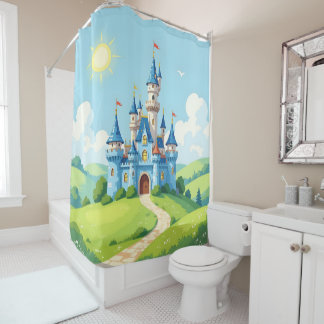 Cute blue and white castle shower curtain