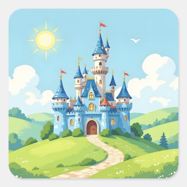 Cute blue and white castle square sticker (Front)