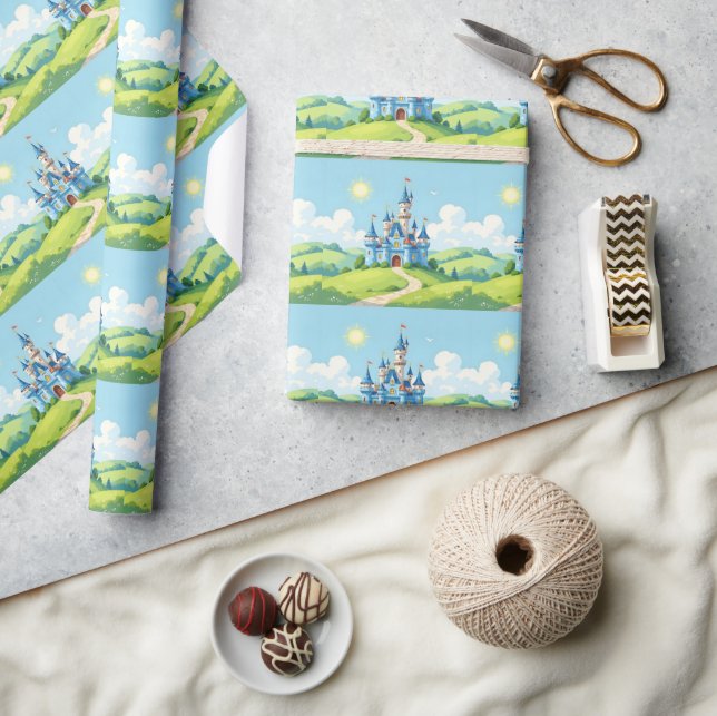 Cute blue and white castle wrapping paper (Crafts)