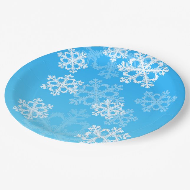 Cute blue and white Christmas snowflakes Paper Plate (Angled)