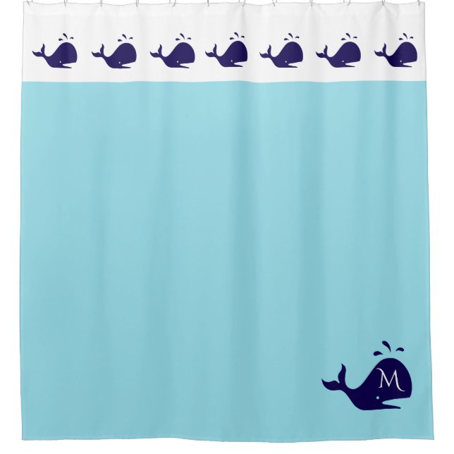 Cute Blue and White Custom Initial Whale Shower Curtain (Front)