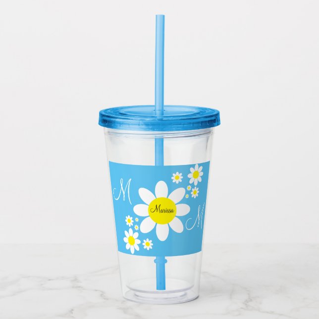 Cute Blue and White Daisies Floral Custom Name Acrylic Tumbler (Front)
