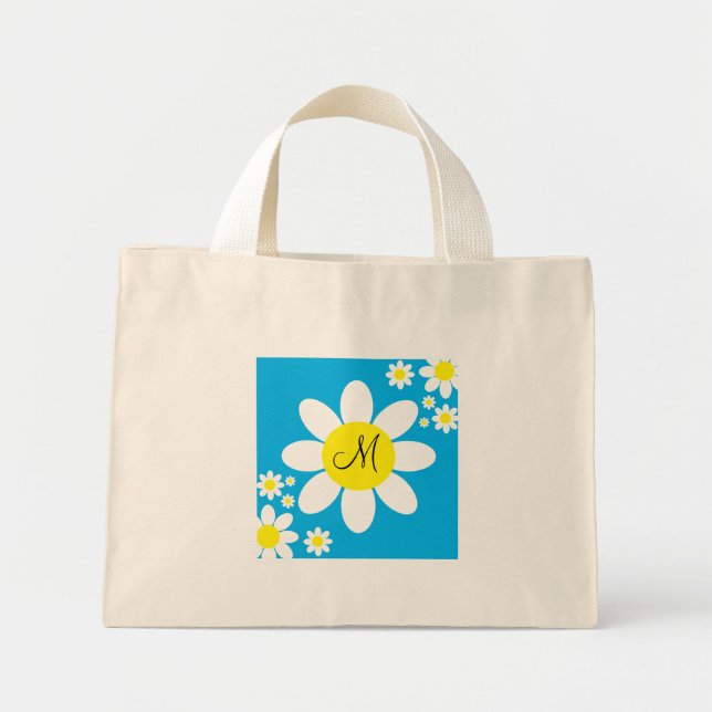 Cute Blue and White Daisies  Floral Single Initial Mini Tote Bag (Front)