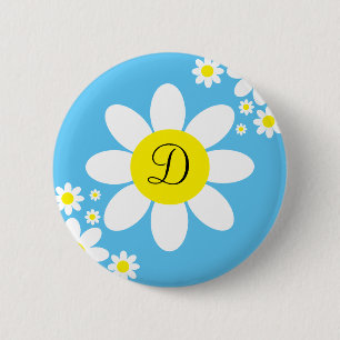 Cute Blue and White Daisy Single Initial Button