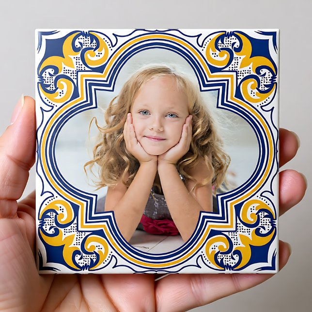 Cute blue and yellow Azulejos, custom photo Tile (Cute blue and yellow Azulejos, custom photo Ceramic Tile)