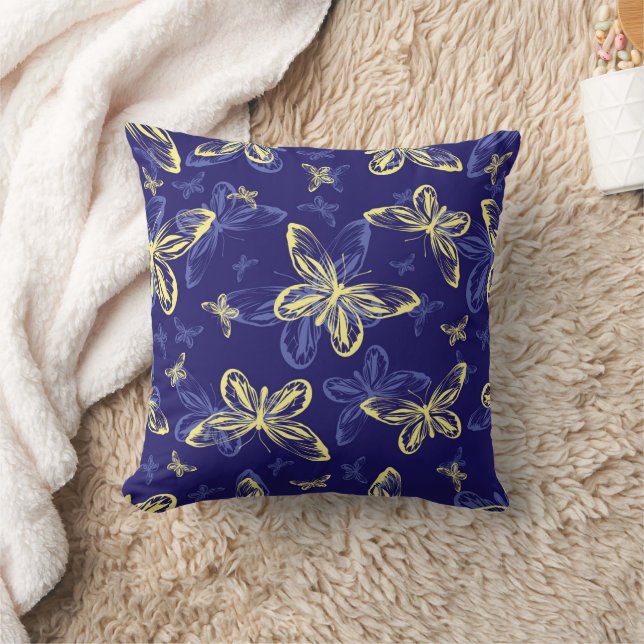 Cute Blue and Yellow Butterfly Illustrated Pattern Cushion (Blanket)