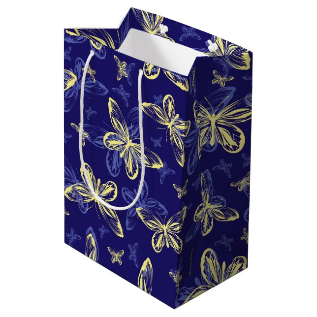 Cute Blue and Yellow Butterfly Illustrated Pattern Medium Gift Bag (Back Angled)