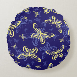 Cute Blue and Yellow Butterfly Illustrated Pattern Round Cushion