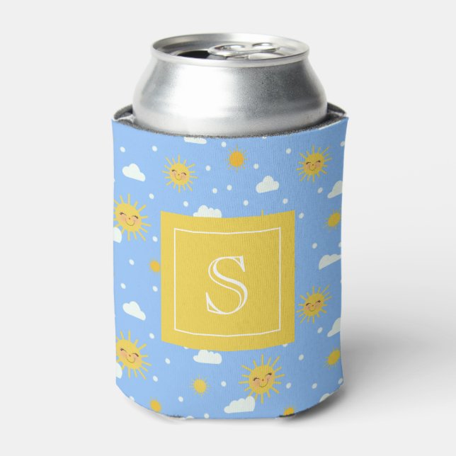 Cute Blue And Yellow Sunshine Monogram Can Cooler (Can Front)