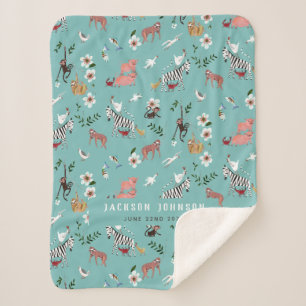 Cute blue animals sloth, zebra & birds nursery  sherpa blanket