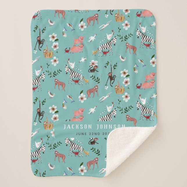 Cute blue animals sloth, zebra & birds nursery  sherpa blanket (Front)