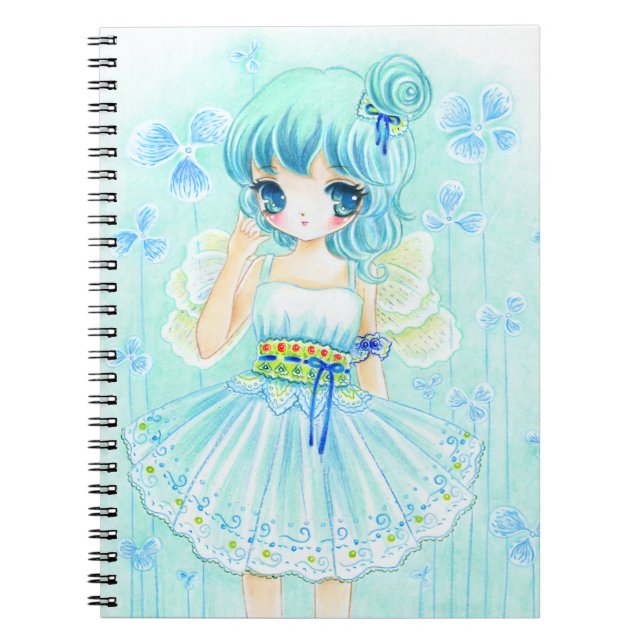 Cute blue anime fairy girl spiral notebook (Front)