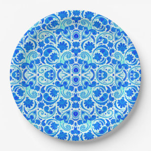 Cute blue aqua paisley patterns paper plate
