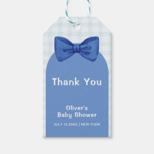 Cute Blue Arch Gingham Plaid Bow Boy Baby Shower  Gift Tags