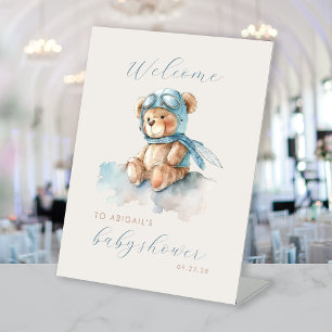 Cute Blue Aviator Bear Boys Baby Shower Welcome Pedestal Sign