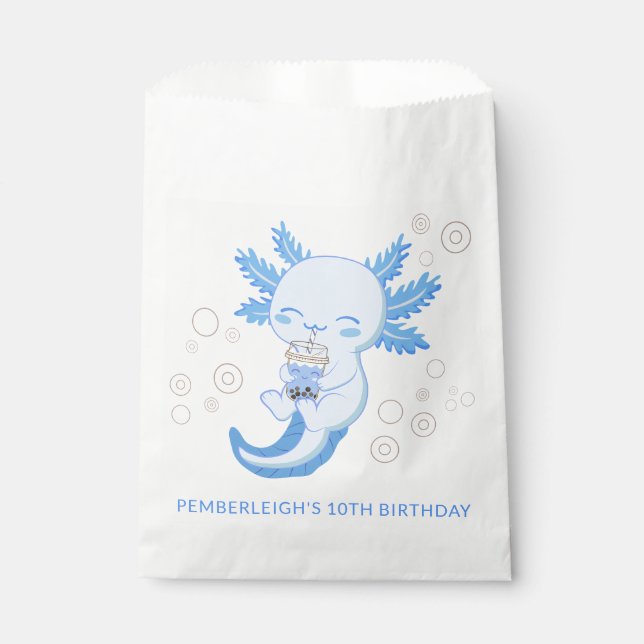 Cute Blue Axolotl Bubble Boba Tea Birthday Party Favour Bags (Front)