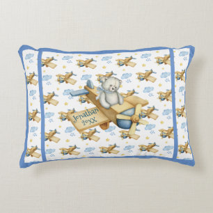 Cute Blue Baby Bear Boy Aeroplane Nursery Decor Decorative Cushion