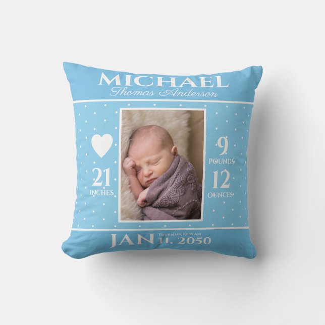 Cute Blue Baby Birth Stats Keepsake Nursery Cushion (Front)