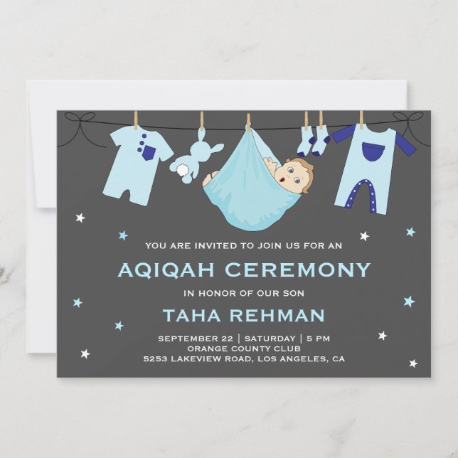 Cute Blue Baby Boy Aqiqah Invitation (Front)