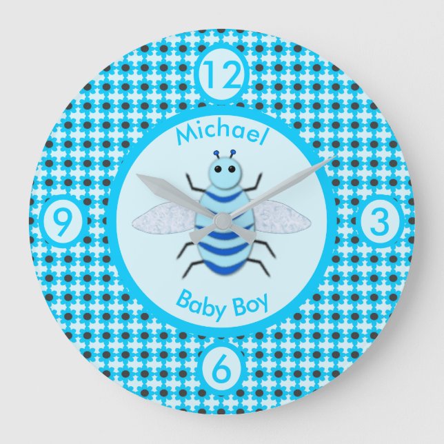 Cute Blue Baby Boy Bee Custom Nursery Large Clock (Front)