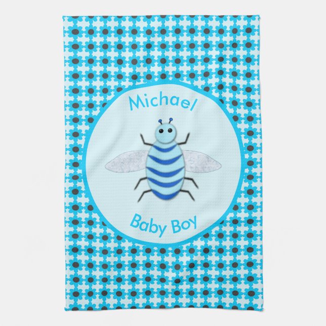 Cute Blue Baby Boy Bee Custom Tea Towel (Vertical)