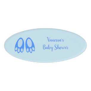 Cute Blue Baby Boy Bunny Feet Easter Baby Shower Name Tag
