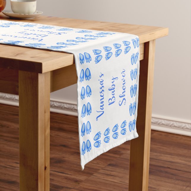 Cute Blue Baby Boy Bunny Feet Easter Custom Short Table Runner (In Situ)