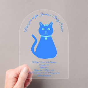 Cute Blue Baby Boy Cat Custom Baby Shower Acrylic Invitations