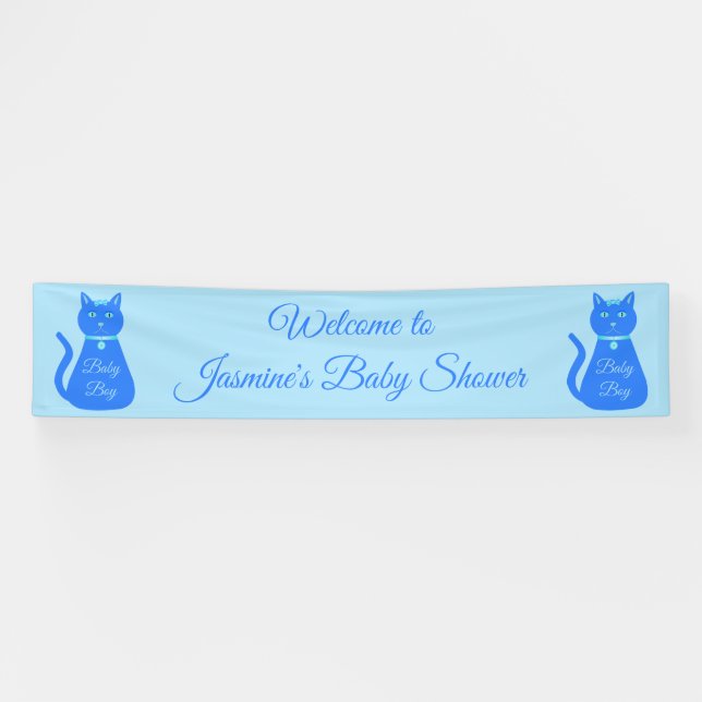 Cute Blue Baby Boy Cat Custom Baby Shower Banner (Horizontal)