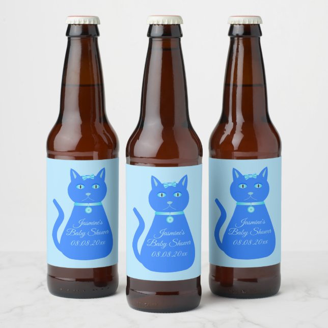 Cute Blue Baby Boy Cat Custom Baby Shower Beer Bottle Label (Bottles)