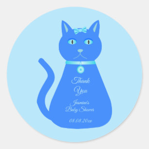 Cute Blue Baby Boy Cat Custom Baby Shower Classic Round Sticker