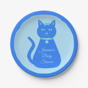 Cute Blue Baby Boy Cat Custom Baby Shower Paper Plate
