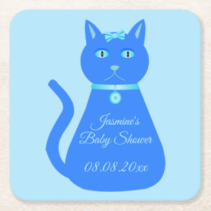 Cute Blue Baby Boy Cat Custom Baby Shower Square Paper Coaster