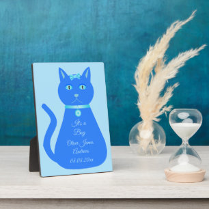 Cute Blue Baby Boy Cat Custom Birth Announcement Plaque