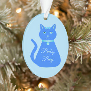 Cute Blue Baby Boy Cat Custom First Christmas Ornament
