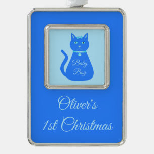 Cute Blue Baby Boy Cat Custom First Christmas Silver Plated Framed Ornament