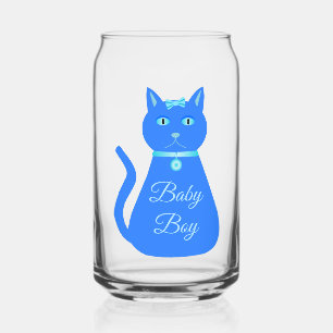 Cute Blue Baby Boy Cat Custom Gender Reveal Can Glass