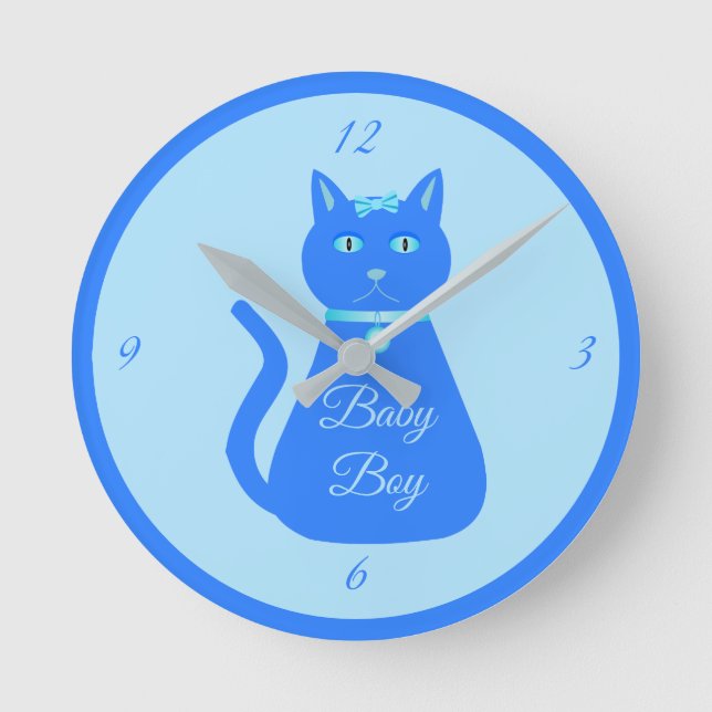 Cute Blue Baby Boy Cat Custom Nursery Round Clock (Front)