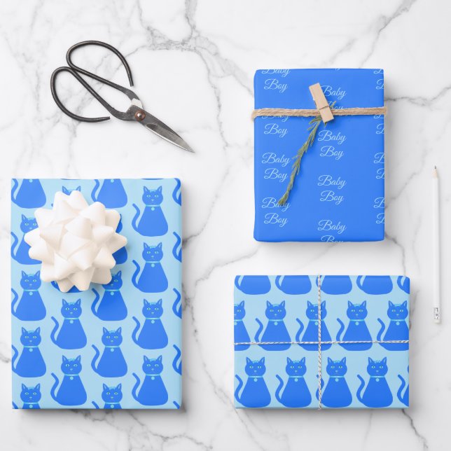 Cute Blue Baby Boy Cat Custom Patterned Wrapping Paper Sheet (Front)