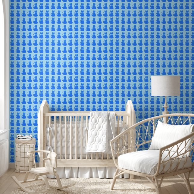 Cute Blue Baby Boy Cat Patterned Wallpaper (Kids)