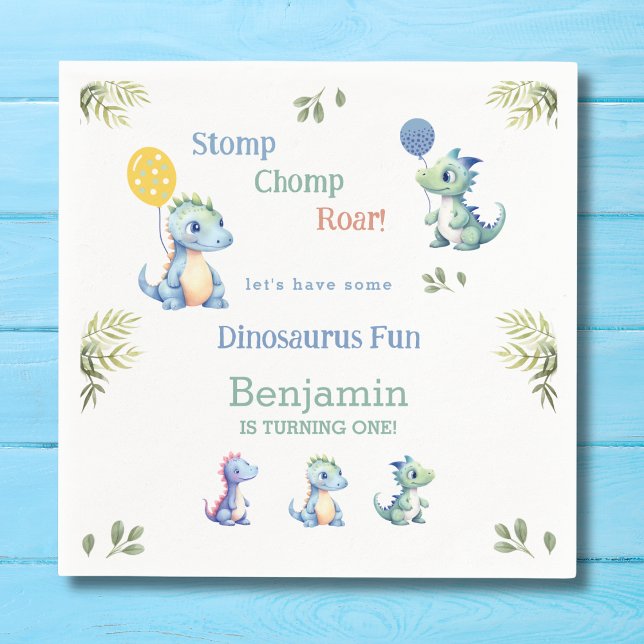 Cute Blue Baby Boy Dinosaur 1st Birthday Party Napkin (Creator Uploaded)