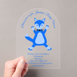 Cute Blue Baby Boy Fox Baby Shower Custom Acrylic Invitations
