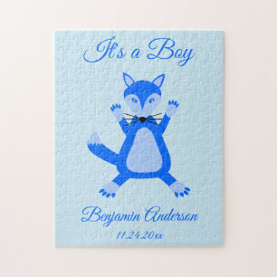 Cute Blue Baby Boy Fox Birth Announcement Jigsaw Puzzle