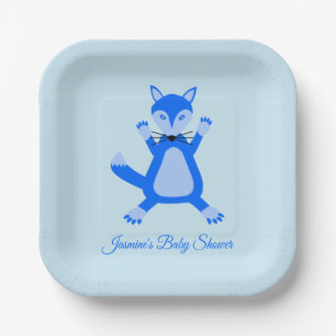 Cute Blue Baby Boy Fox Custom Baby Shower Paper Plate