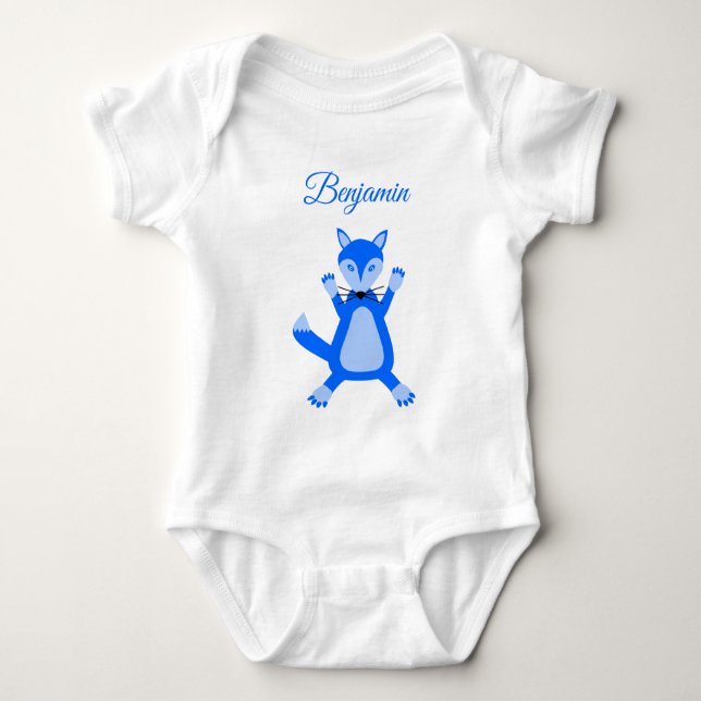 Cute Blue Baby Boy Fox Custom Name Bodysuit (Front)