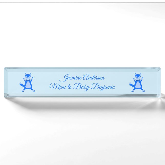 Cute Blue Baby Boy Fox Custom Nameplate (Front)