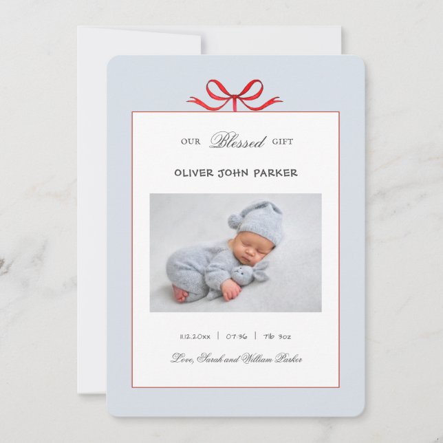 Cute Blue baby boy Holiday Birth  Announcement (Front)