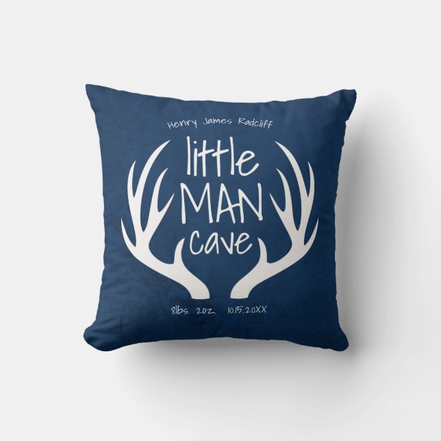 Cute Blue Baby Boy Little Man Cave Announcement Cushion (Front)
