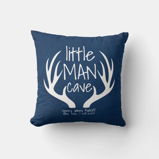 Cute Blue Baby Boy Little Man Cave Birth Stats Cushion (Front)