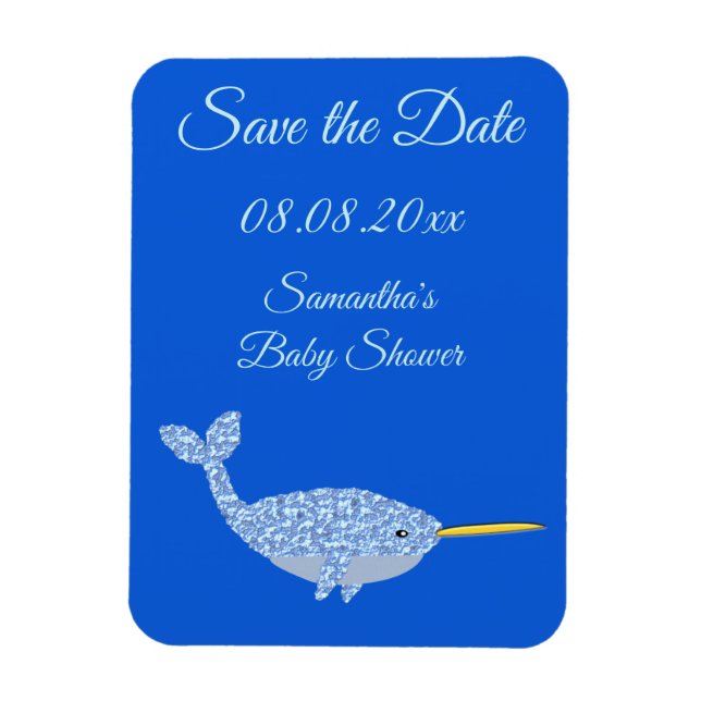 Cute Blue Baby Boy Narwhal Baby Shower Custom Magnet (Vertical)